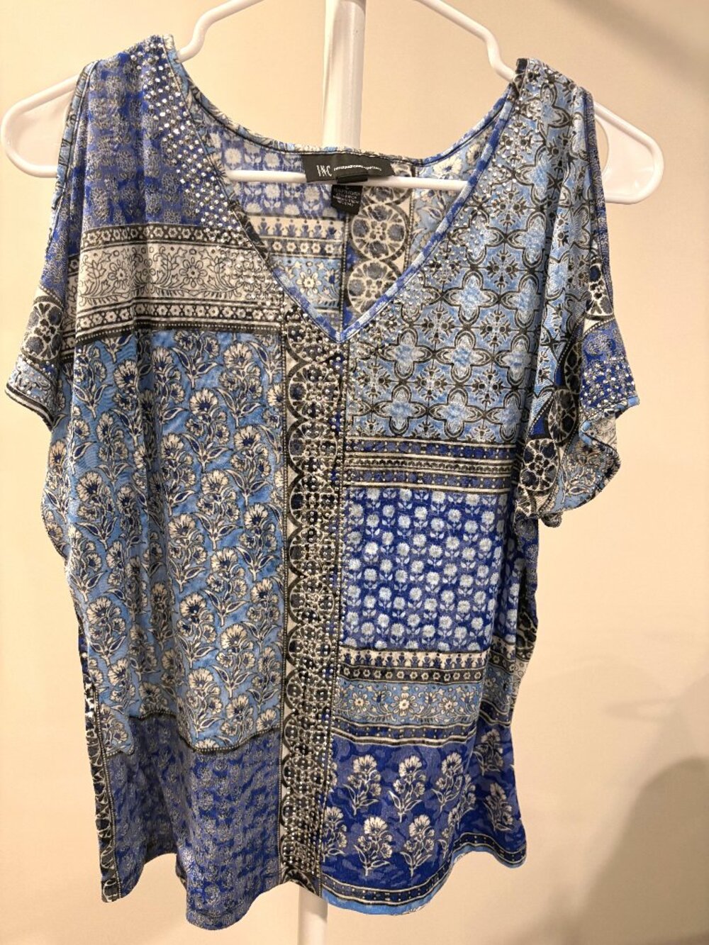 Vintage Y2K Boho Blue Patchwork Rhinestone Cold Shoulder Top Blouse